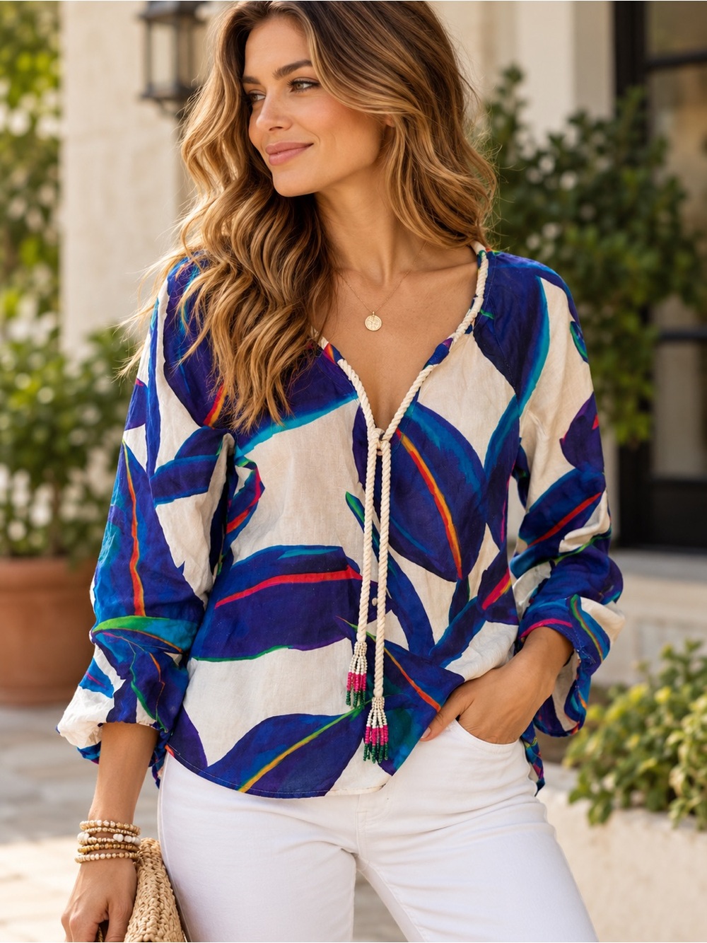 Farm Rio Blue Tropical Print V-Neck Blouse with Tassel Tie Linen Blend size XS